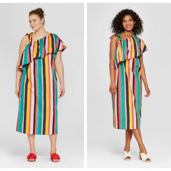 Stripped One Shoulder Colorful Midi Dress S - Picture 2 of 7